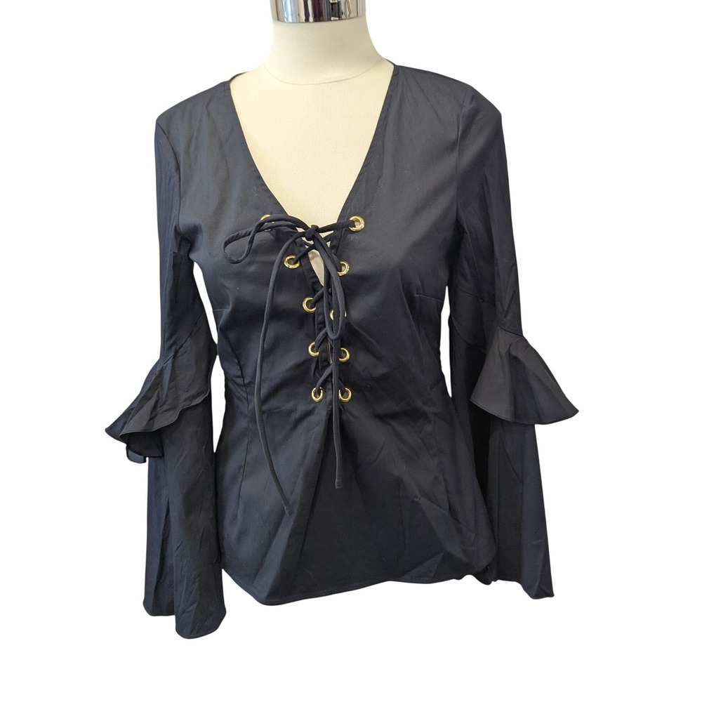 Caroline Constas Black Lace Up Bell Sleeve Top V-Neck Side Zip Womens‎ Medium